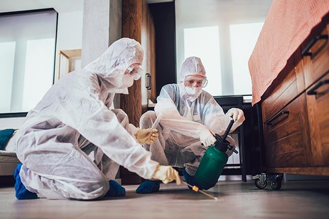 Workers in suits providing pest control services